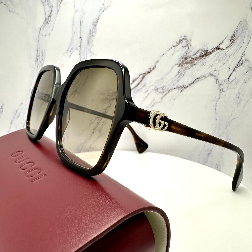 New GUCCI Sunglasses Brown Square Oversized Gold Metal GG Logo 56mm - Picture 4 of 16